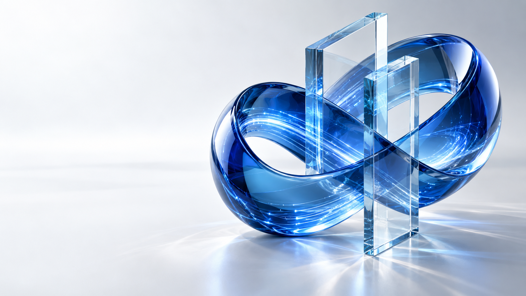 Sculptural blue glass architecture with luminous pathways, representing connected cloud and data systems